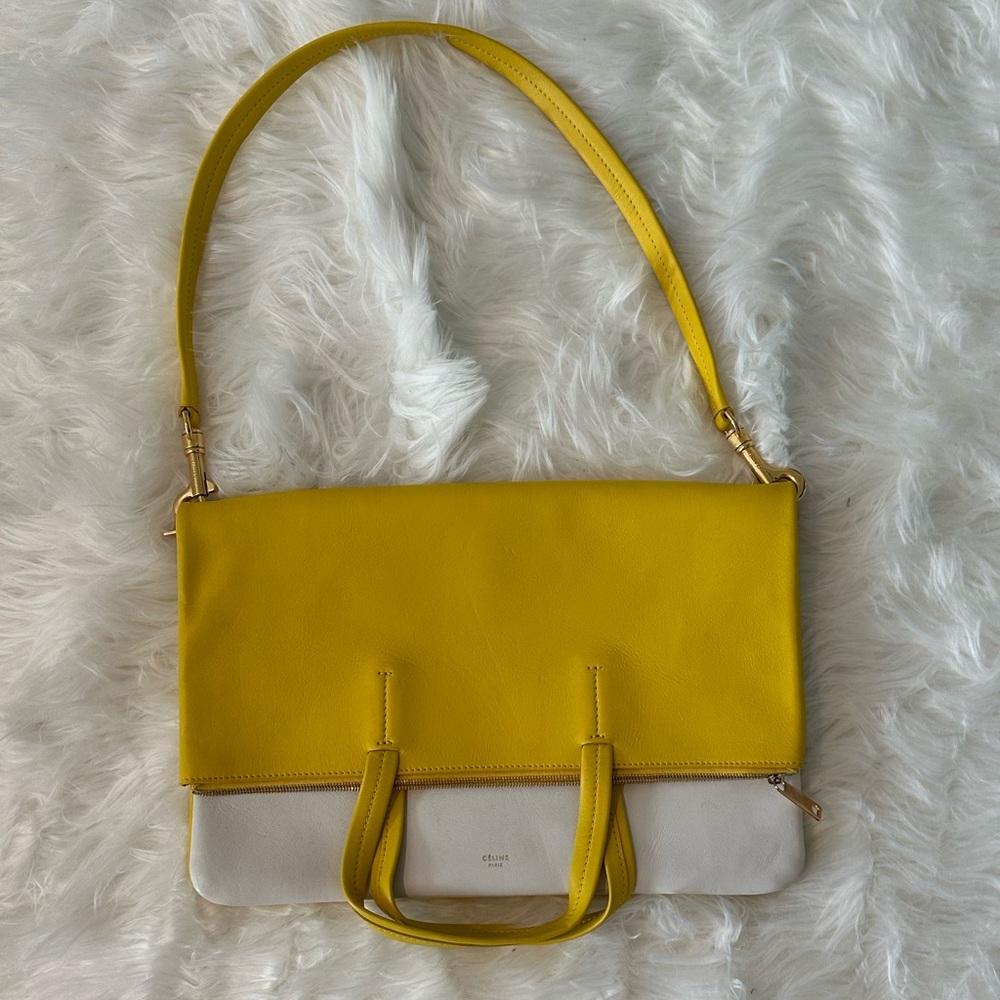 Céline Cabas Fold Over 3 way Tote Strap Yellow & White Leather Bag